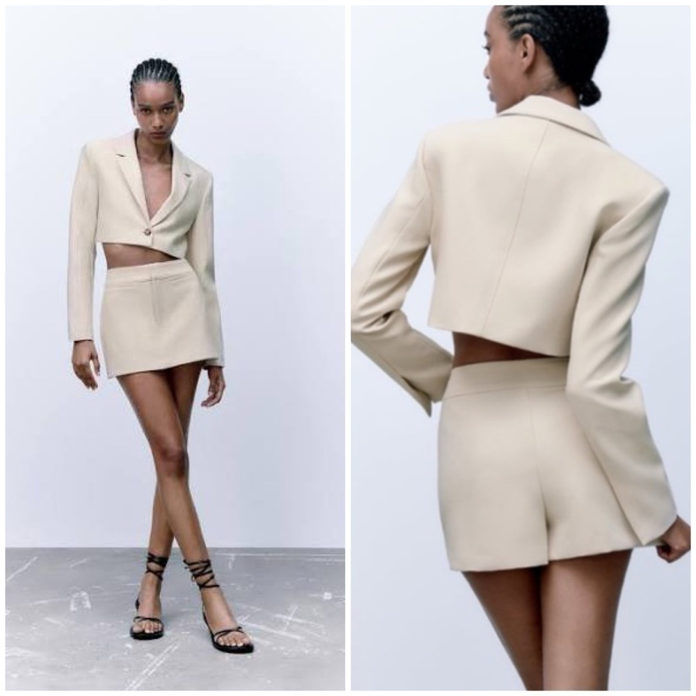 ZARA 2PIECES CROPPED BLAZER AND SPLIT SKIRT in Bone XS